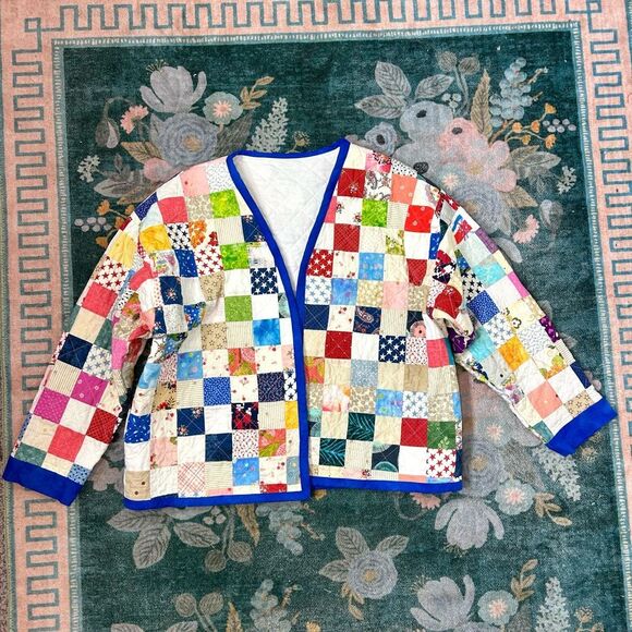 Handamde Jacket Womens Large Colorful Patchwork Quilted Open Front Rainbow - Picture 14 of 16